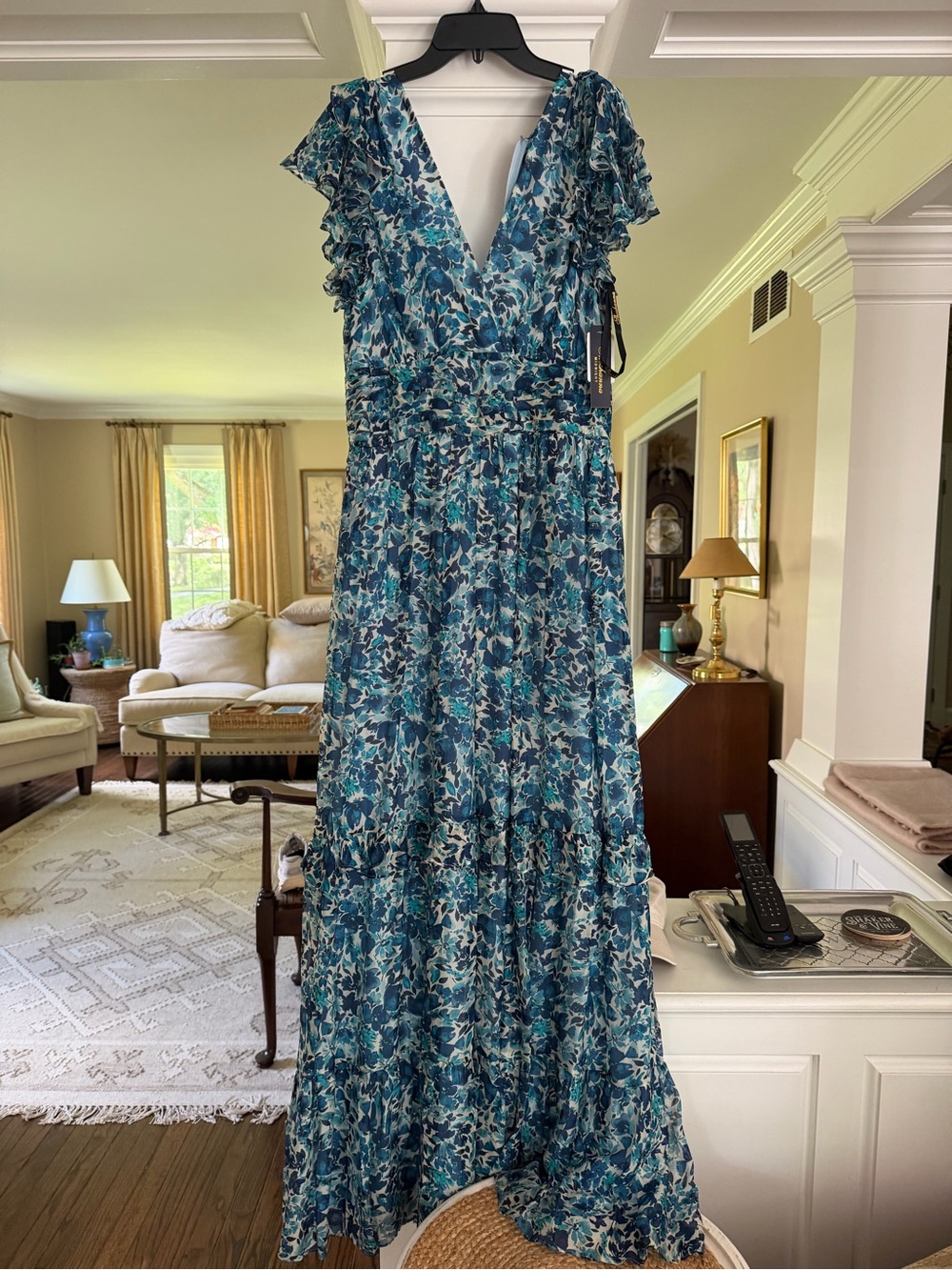 Shoshanna Teal and Navy Floral V-Neck Ruffle Maxi Dress